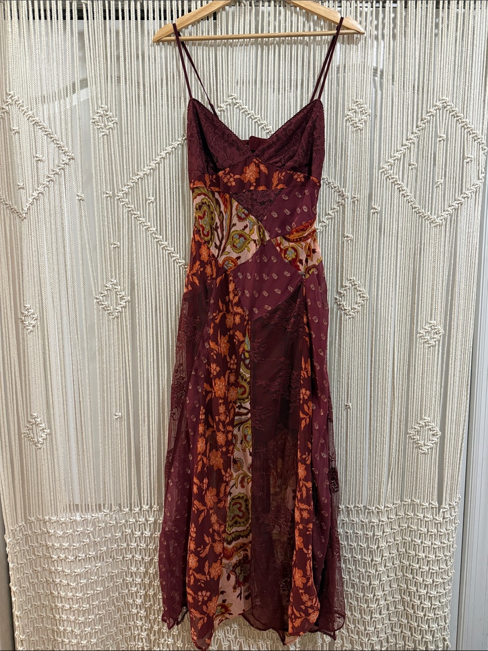 Free People Burgundy Patchwork Slip Maxi Dress